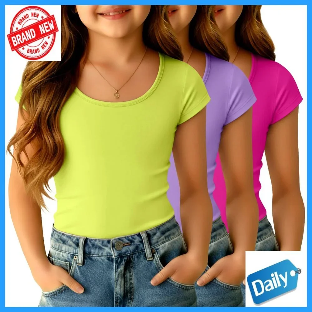 Girls Slim Fit Cap Sleeve Tees 3-Pack Summer Tops Ages 5-14